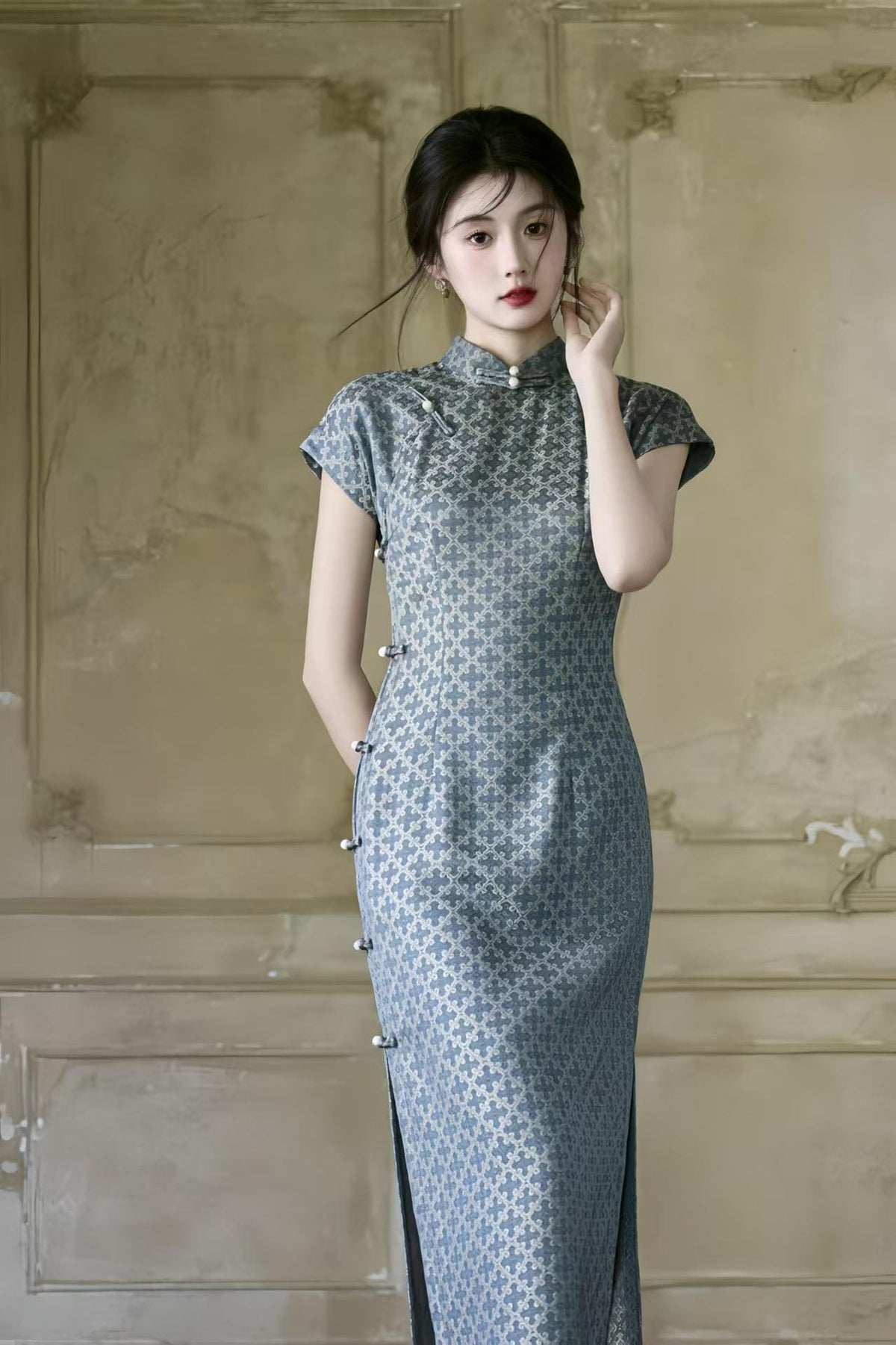 Women's Blue Jacquard Qipao Cheongsam Dress – Fitted – additional product view