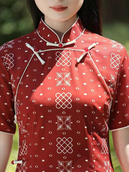 Women's Red Vintage Qipao Cheongsam Dress – Acetate Mandarin Collar – additional product view