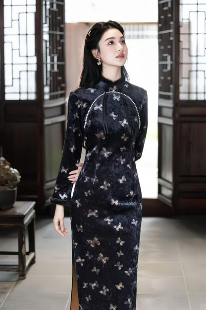 Women's Blue Vintage Velvet Qipao Cheongsam Dress – Butterfly Fall Winter – additional product view