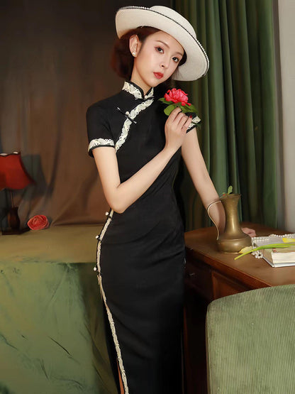 Women's Black Vintage Velvet Qipao Cheongsam Dress – Short Sleeve – additional product view