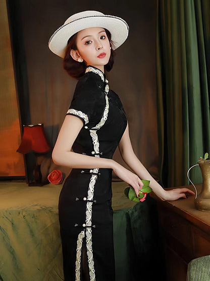 Women's Black Vintage Velvet Qipao Cheongsam Dress – Short Sleeve – additional product view