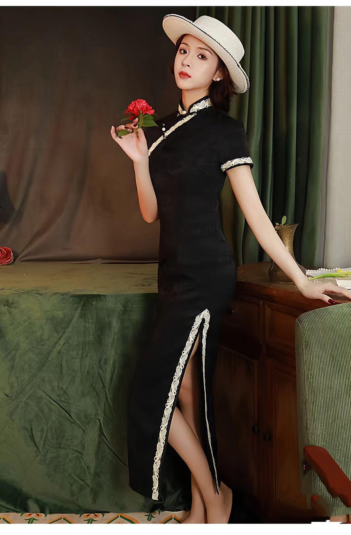 Women's Black Vintage Velvet Qipao Cheongsam Dress – Short Sleeve – additional product view