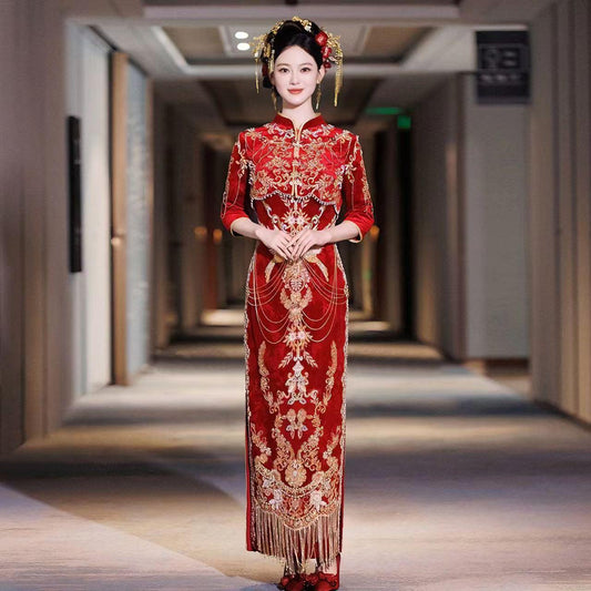 Women's Red Embroidered Satin Qipao Cheongsam Dress – Phoenix – additional product view