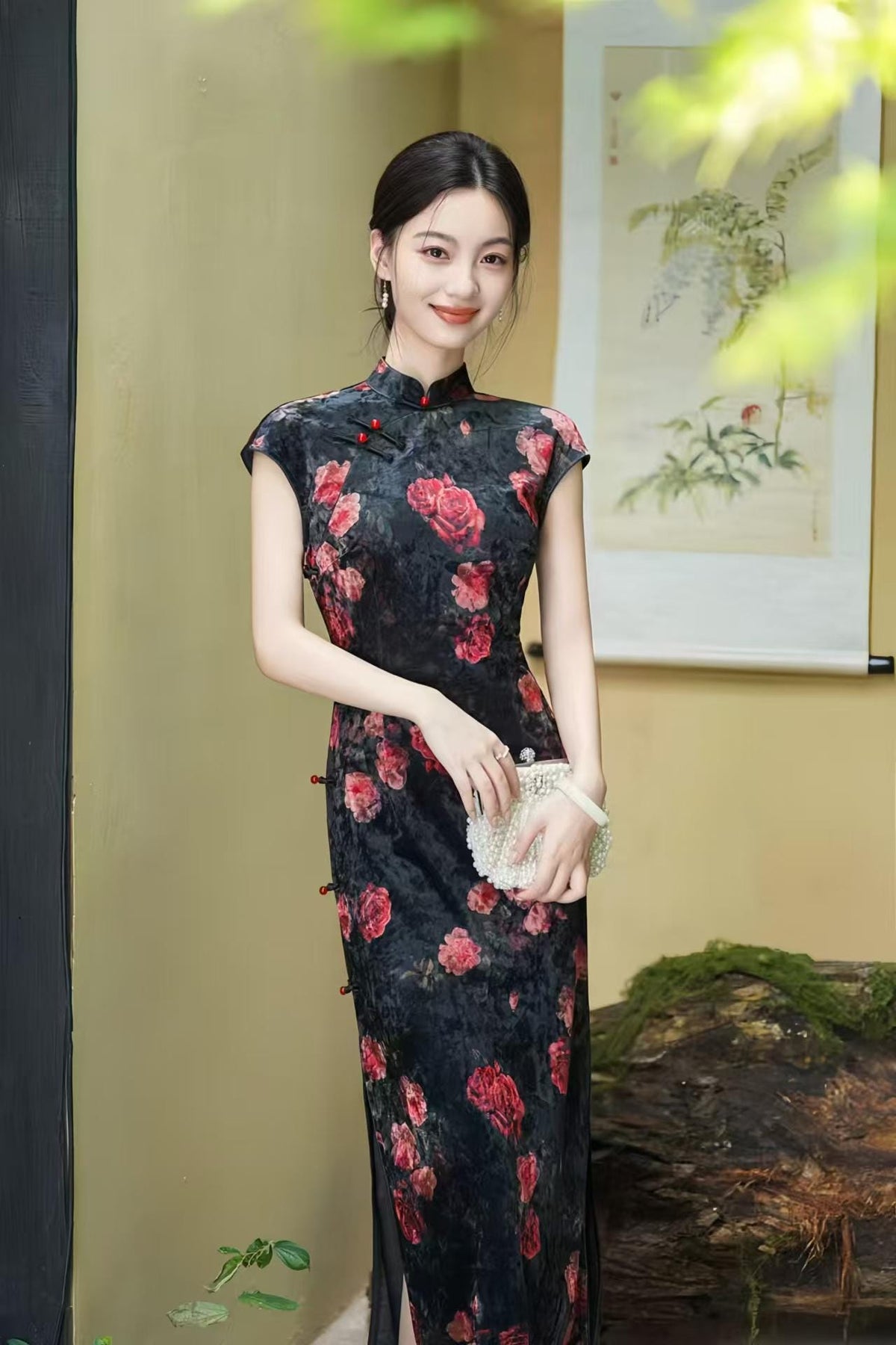 Women's Black Floral Velvet Qipao Cheongsam Dress – additional product view