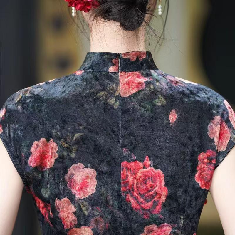 Women's Black Floral Velvet Qipao Cheongsam Dress – additional product view