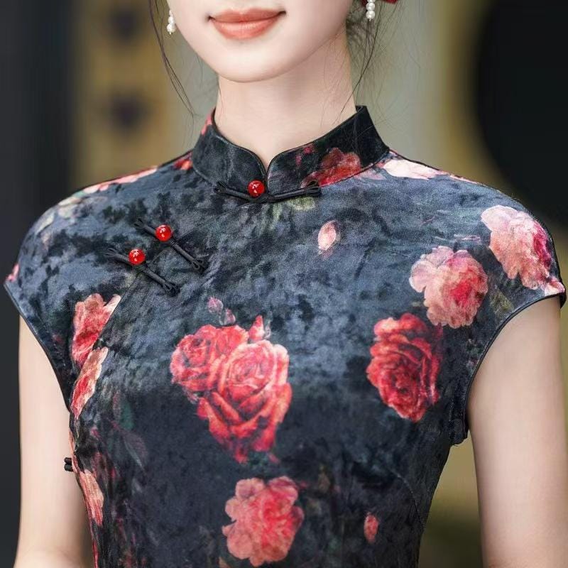 Women's Black Floral Velvet Qipao Cheongsam Dress – additional product view