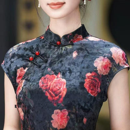 Women's Black Floral Velvet Qipao Cheongsam Dress – additional product view
