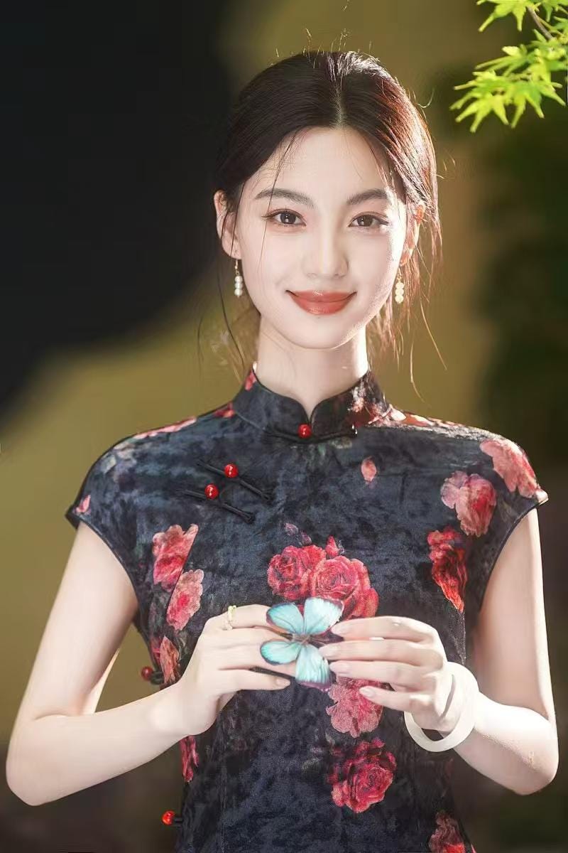 Women's Black Floral Velvet Qipao Cheongsam Dress – additional product view