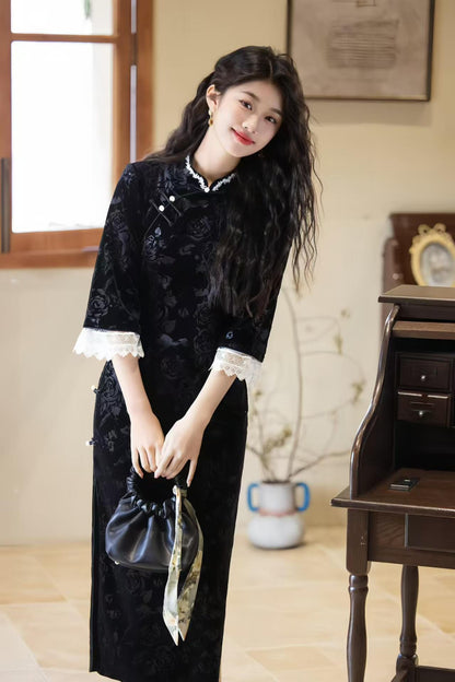 Women's Pink Jacquard Velvet Qipao Cheongsam Dress – additional product view
