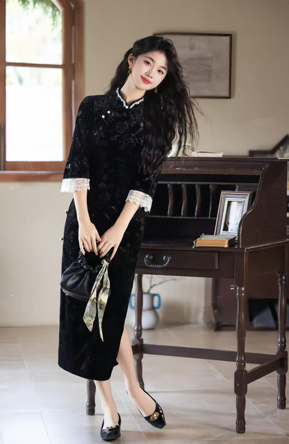 Women's Pink Jacquard Velvet Qipao Cheongsam Dress – additional product view