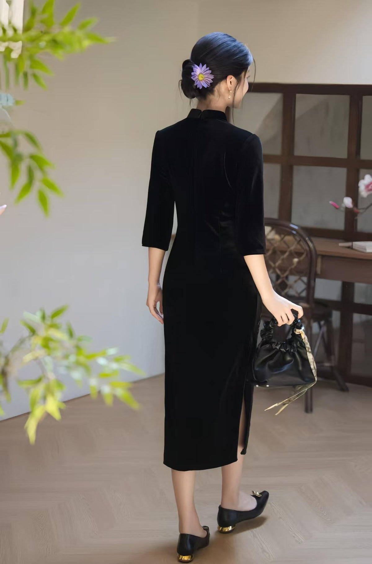 Women's Black Floral Velvet Qipao Cheongsam Dress – Floral Embroidery Midi – additional product view