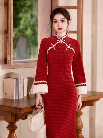Women's Red Vintage Lace Qipao Cheongsam Dress – additional product view