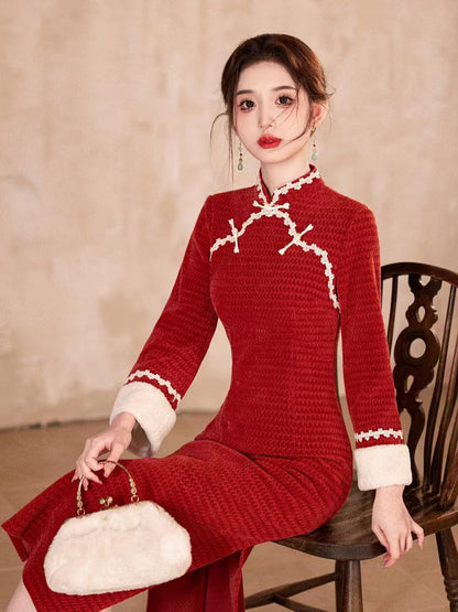 Women's Red Vintage Lace Qipao Cheongsam Dress – additional product view
