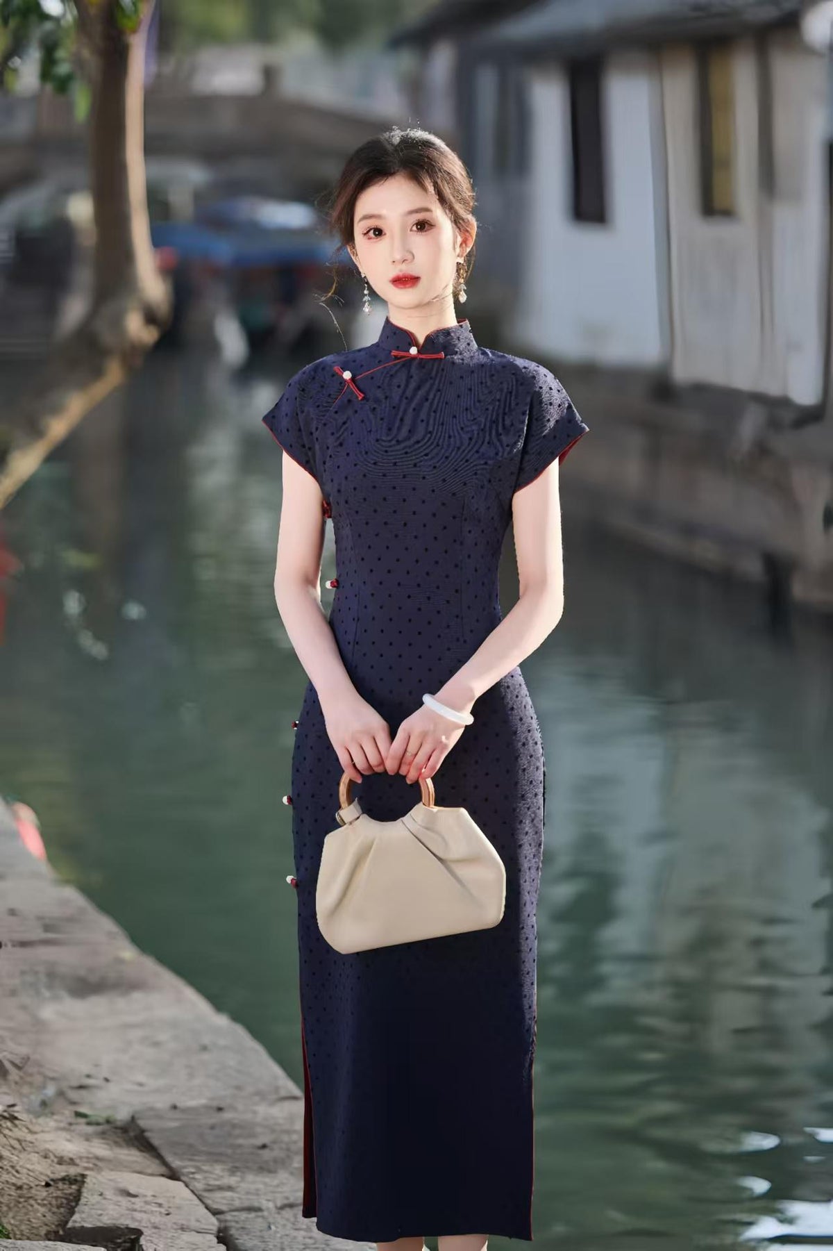 Women's Blue Vintage Qipao Cheongsam Dress – Satin – additional product view