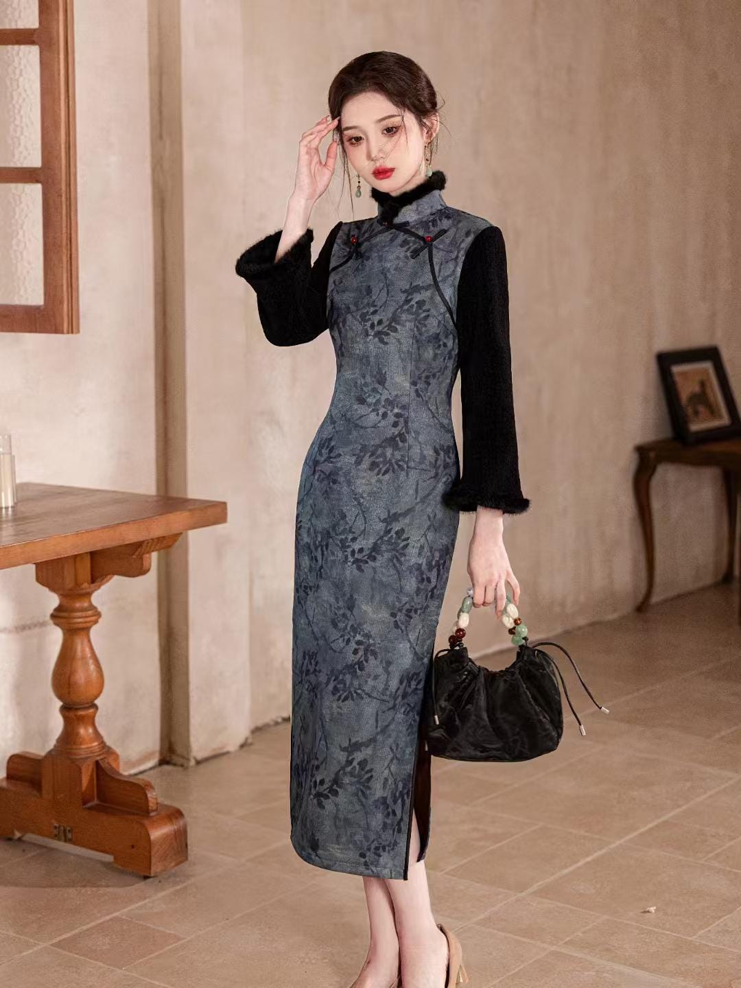 Women's Vintage Silk Qipao Cheongsam Dress – Gray Printed Long Sleeve High Collar