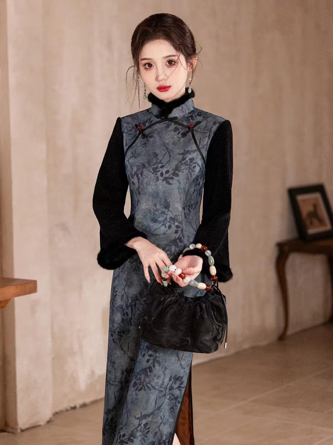 Women's Vintage Silk Qipao Cheongsam Dress – Gray Printed Long Sleeve High Collar – additional product view