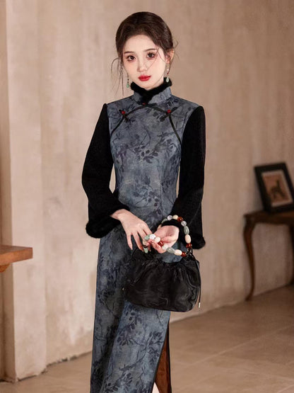 Women's Vintage Silk Qipao Cheongsam Dress – Gray Printed Long Sleeve High Collar – additional product view
