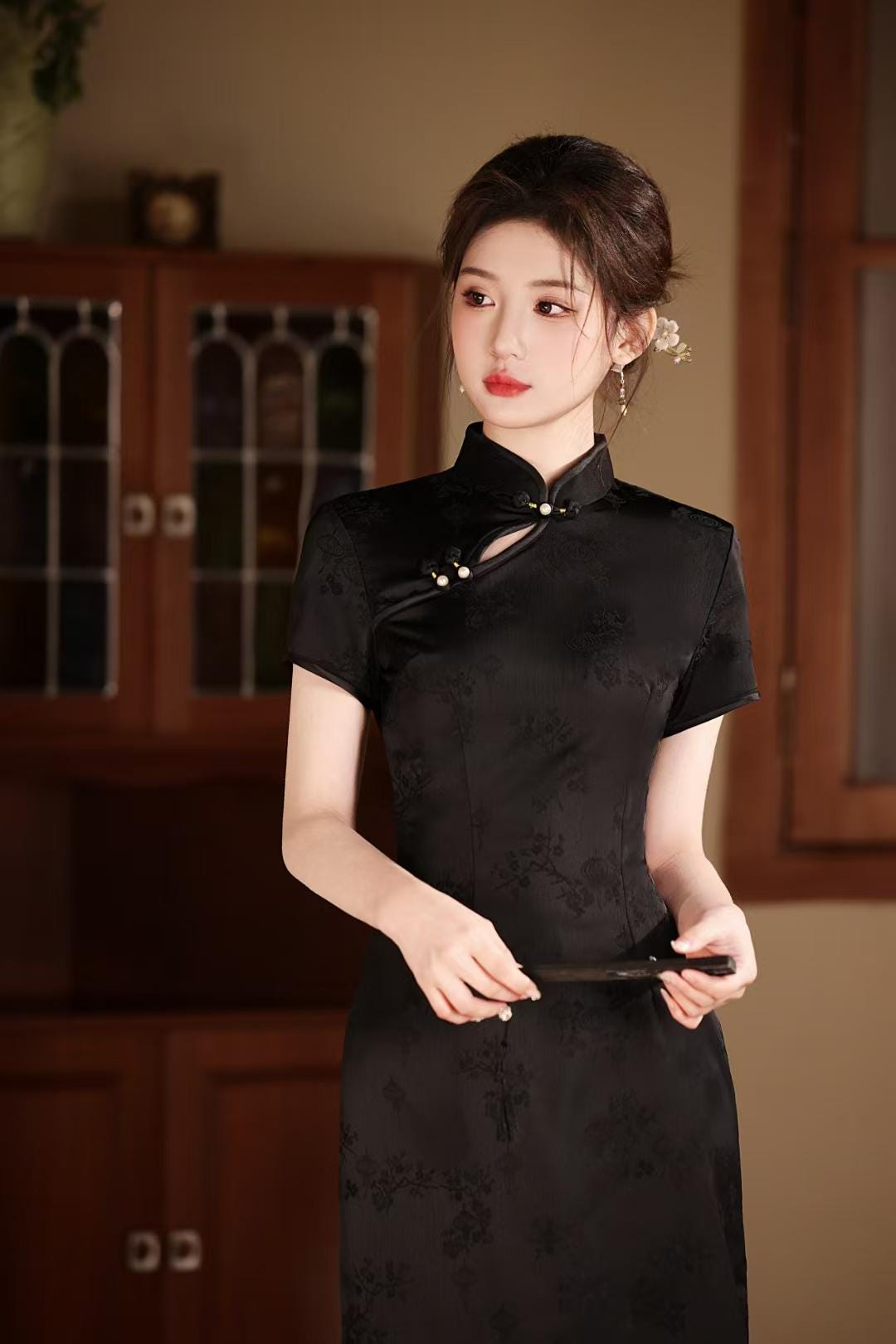 Women's Red Jacquard Qipao Cheongsam Dress – High Collar – additional product view