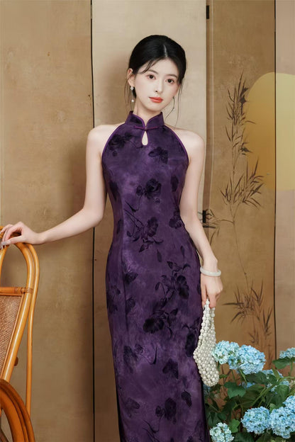 Women's Floral Velvet Qipao Cheongsam Dress – Purple – additional product view