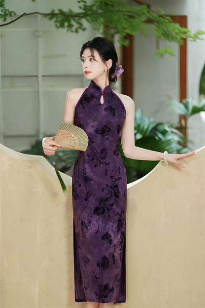 Women's Floral Velvet Qipao Cheongsam Dress – Purple