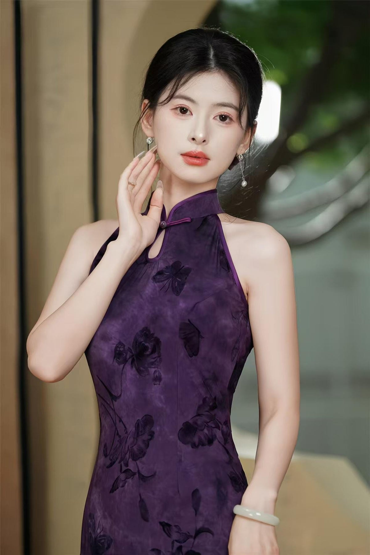 Women's Floral Velvet Qipao Cheongsam Dress – Purple – additional product view