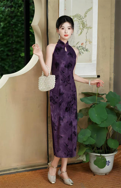 Women's Floral Velvet Qipao Cheongsam Dress – Purple – additional product view