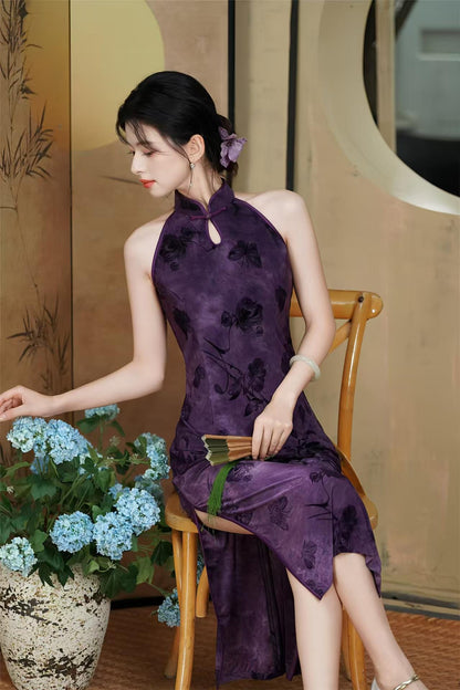 Women's Floral Velvet Qipao Cheongsam Dress – Purple – additional product view