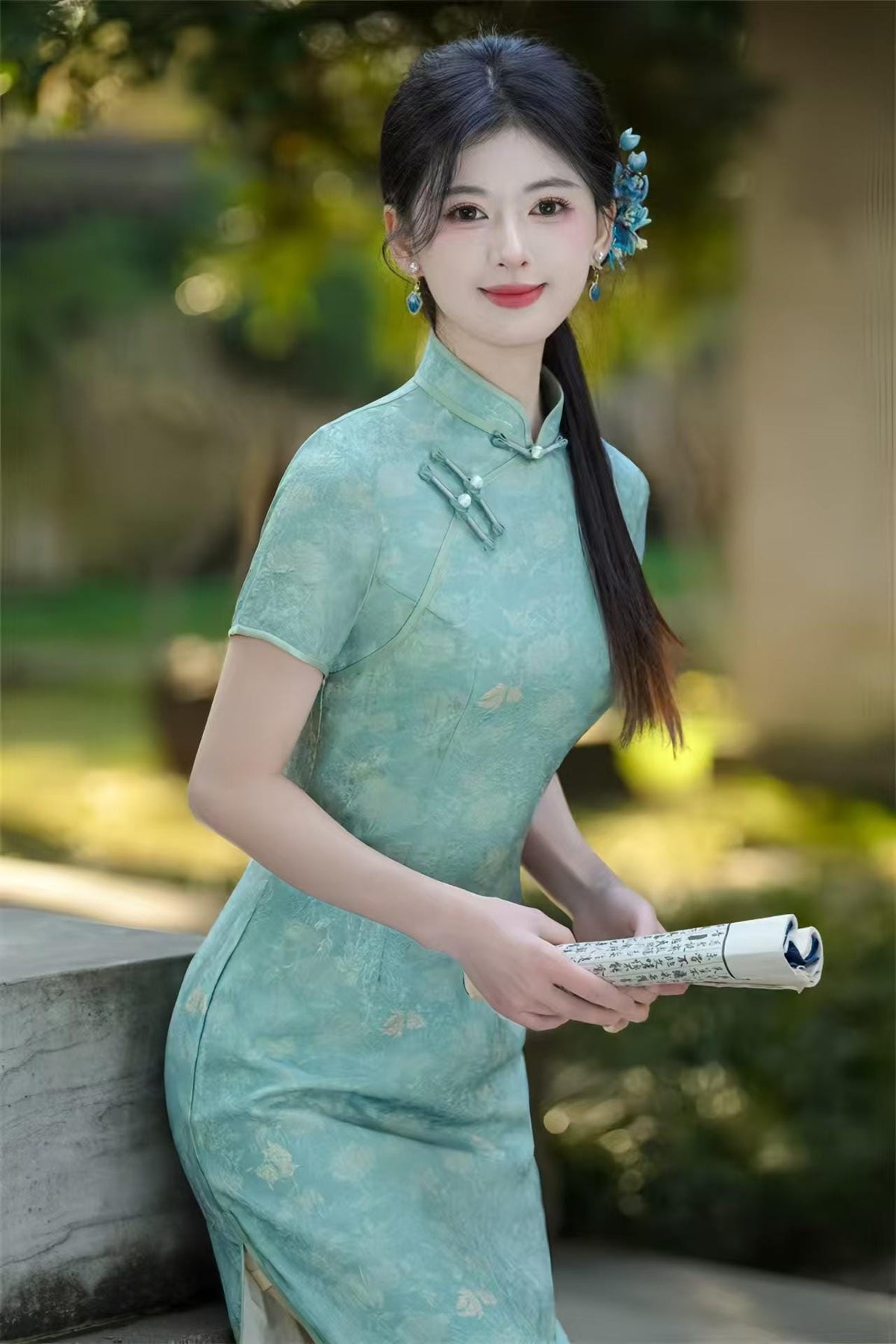 Women's Blue Floral Qipao Cheongsam Dress – additional product view