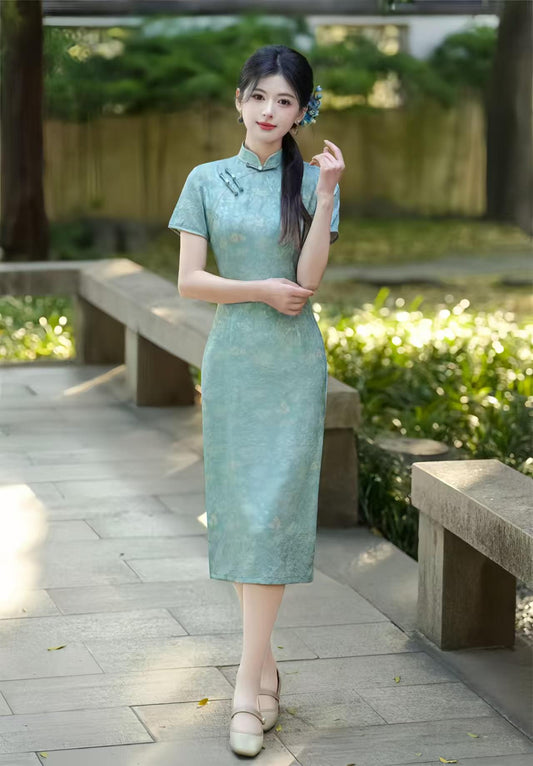Women's Blue Floral Qipao Cheongsam Dress