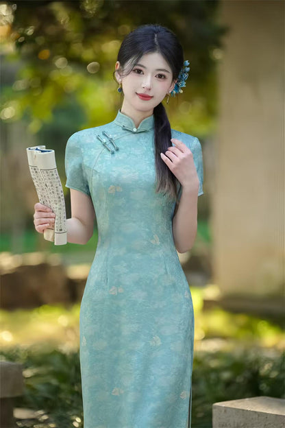 Women's Blue Floral Qipao Cheongsam Dress – additional product view