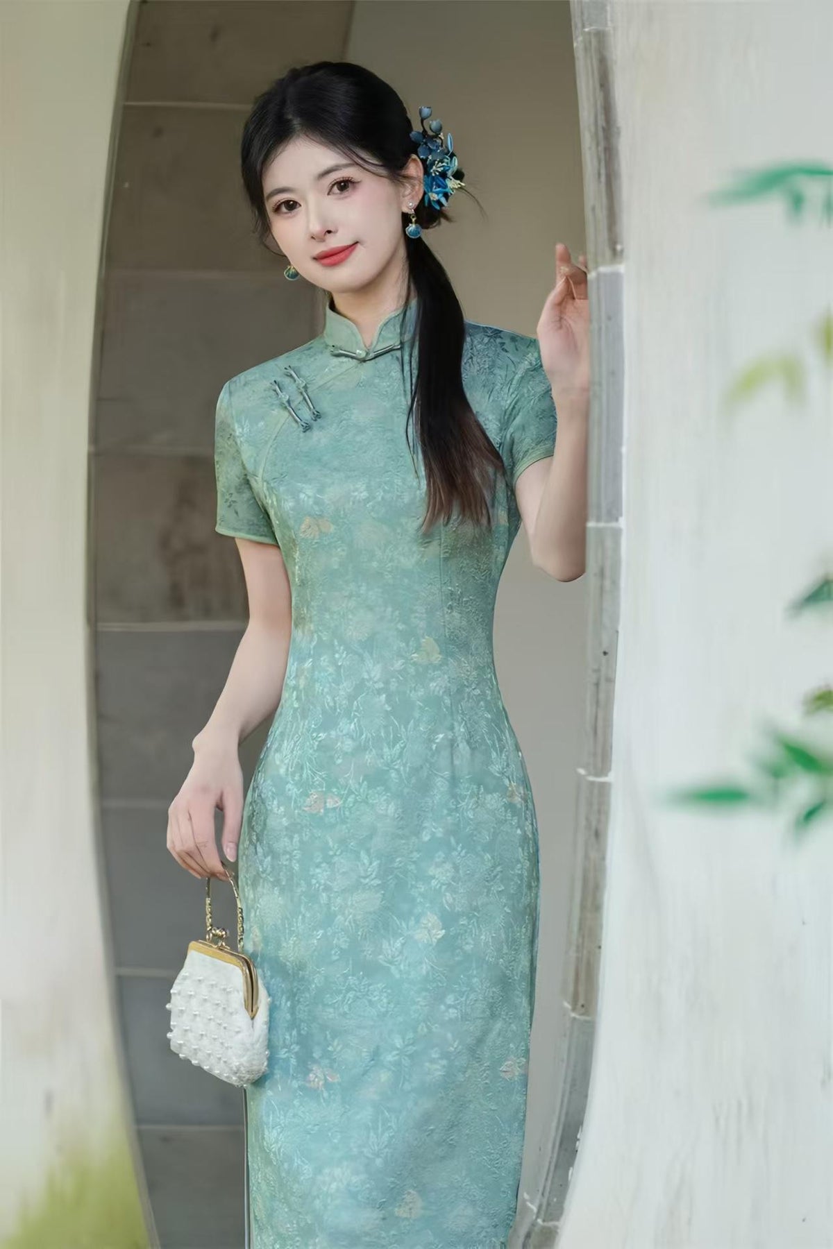 Women's Blue Floral Qipao Cheongsam Dress – additional product view