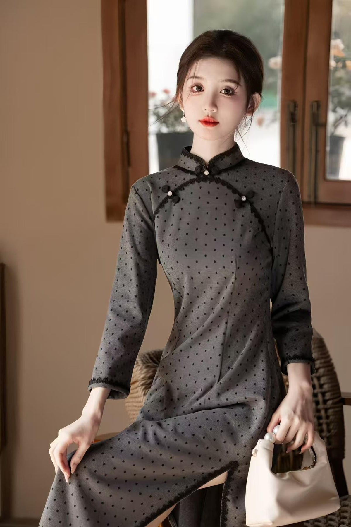 Women's Vintage Qipao Cheongsam Dress – Dark Gray Chenille Polka Dot – additional product view