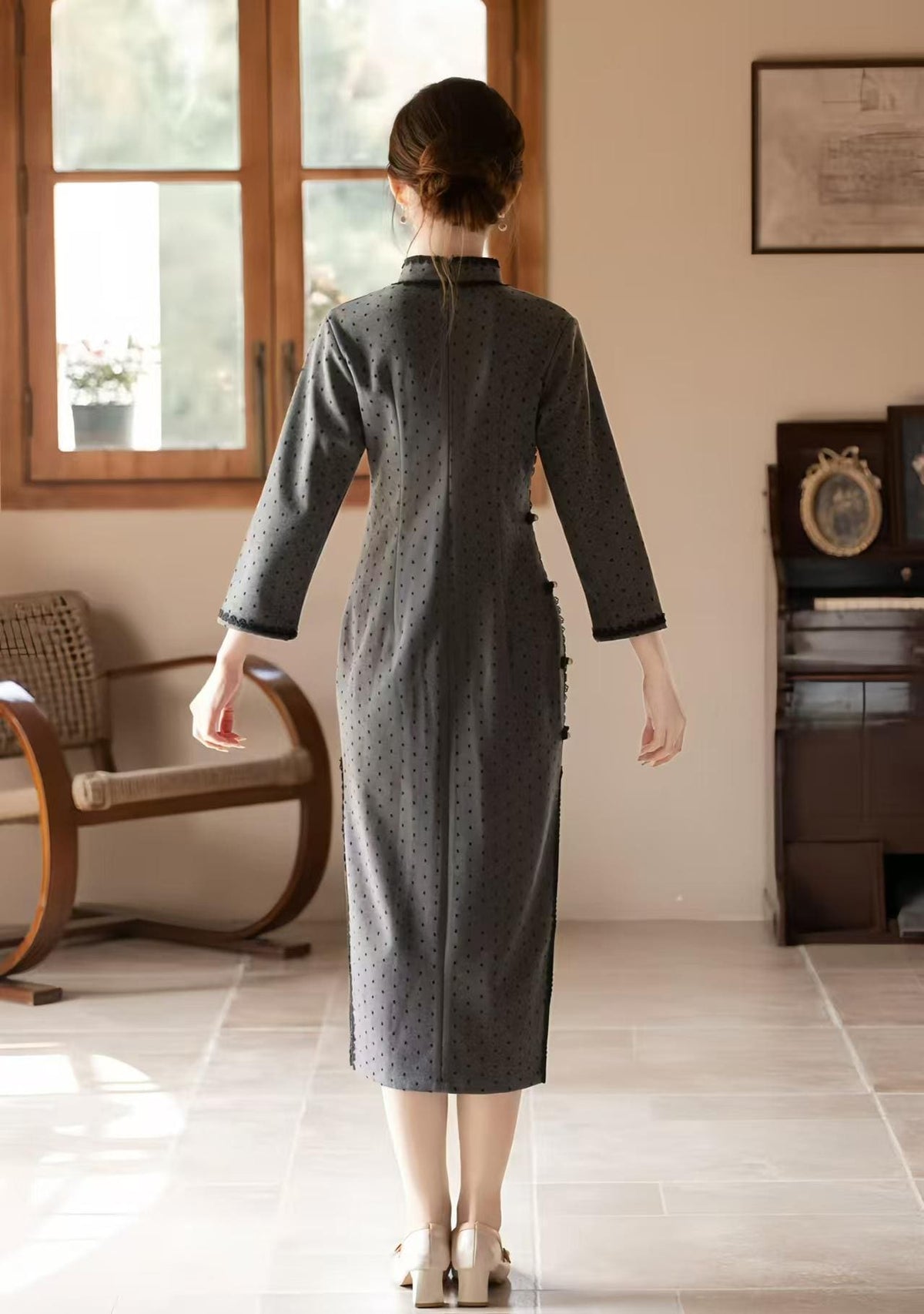 Women's Vintage Qipao Cheongsam Dress – Dark Gray Chenille Polka Dot – additional product view