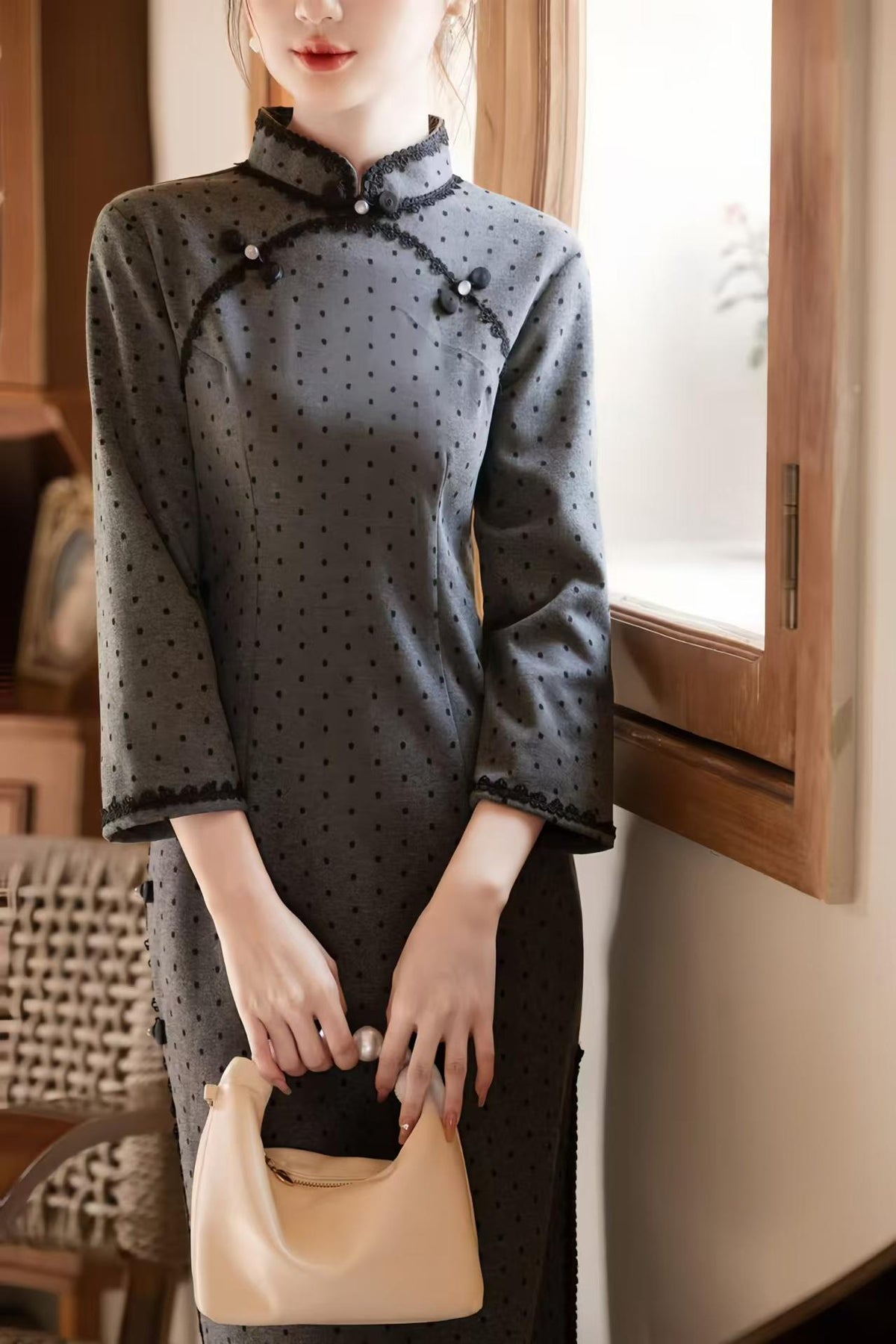 Women's Vintage Qipao Cheongsam Dress – Dark Gray Chenille Polka Dot – additional product view