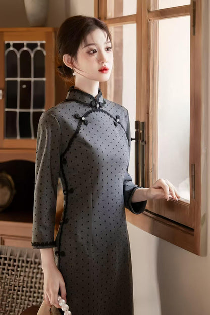 Women's Vintage Qipao Cheongsam Dress – Dark Gray Chenille Polka Dot – additional product view