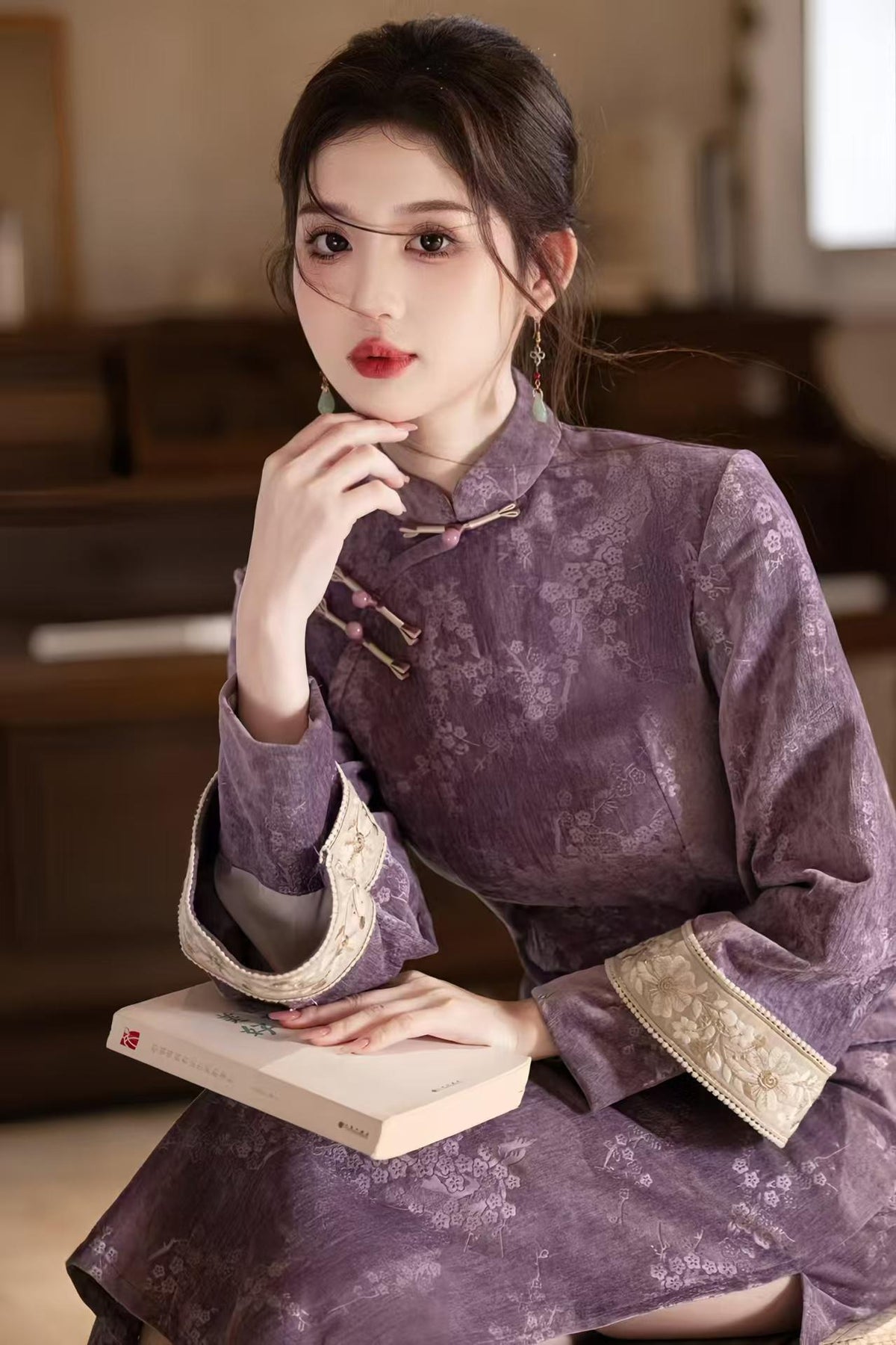 Women's Floral Qipao Cheongsam Dress – Purple – additional product view
