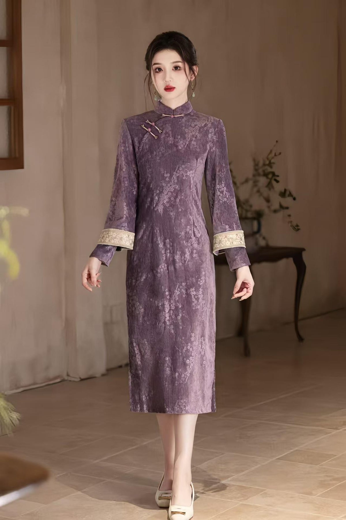 Women's Floral Qipao Cheongsam Dress – Purple – additional product view