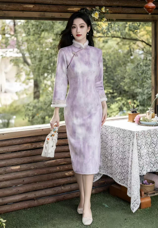 Women's White Vintage Velvet Qipao Cheongsam Dress – Winter