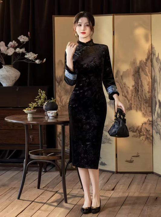 Women's Black Vintage Velvet Qipao Cheongsam Dress