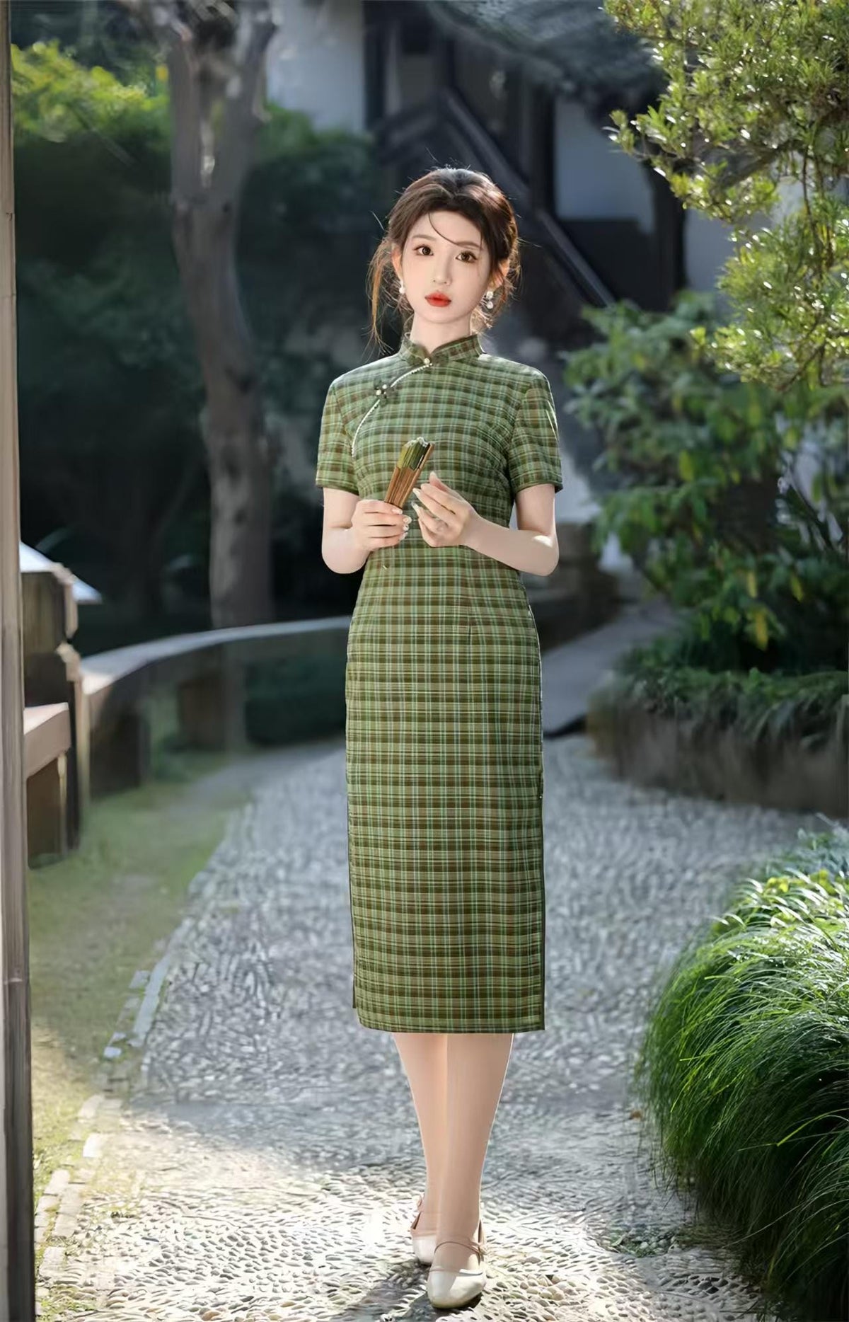 Women's Green Elegant Qipao Cheongsam Dress – Linen Short Sleeve – additional product view