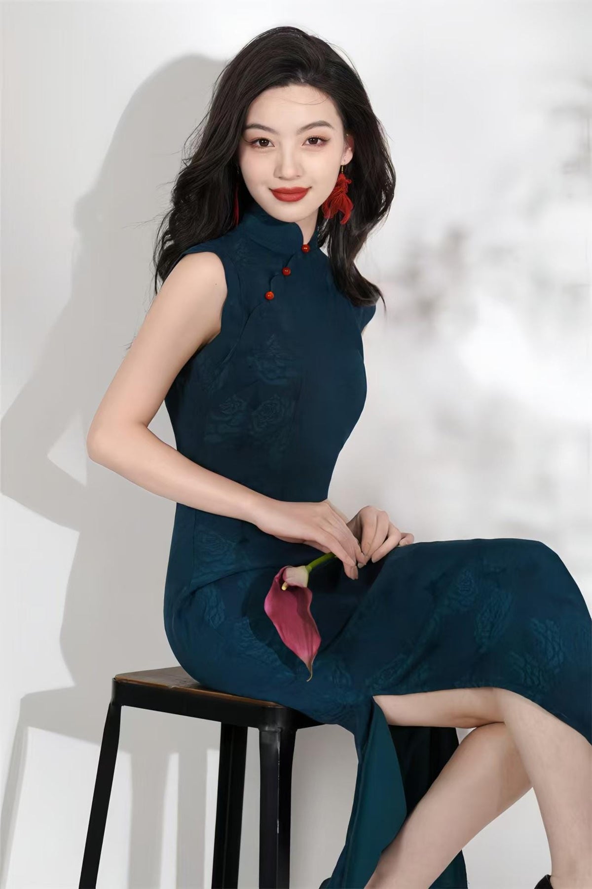 Women's Blue Jacquard Qipao Cheongsam Dress – Sleeveless Long – additional product view