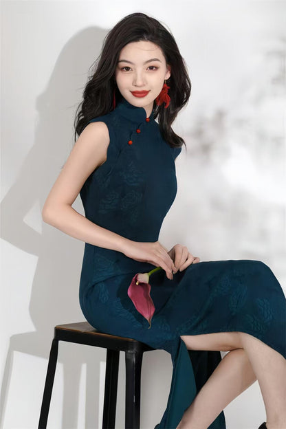 Women's Blue Jacquard Qipao Cheongsam Dress – Sleeveless Long – additional product view