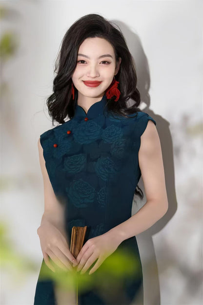 Women's Blue Jacquard Qipao Cheongsam Dress – Sleeveless Long – additional product view