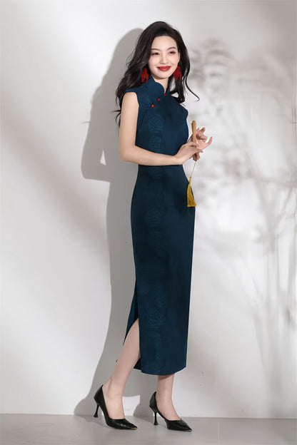 Women's Blue Jacquard Qipao Cheongsam Dress – Sleeveless Long – additional product view