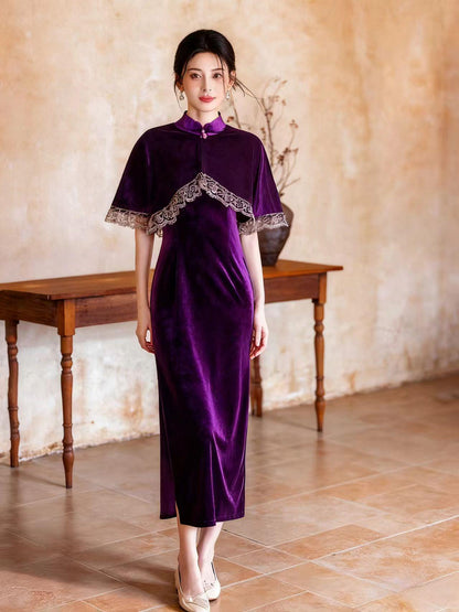 Women's Vintage Velvet Qipao Cheongsam Dress – Purple