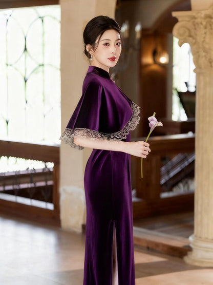 Women's Vintage Velvet Qipao Cheongsam Dress – Purple – additional product view