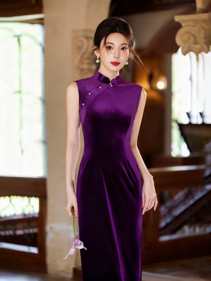 Women's Vintage Velvet Qipao Cheongsam Dress – Purple – additional product view