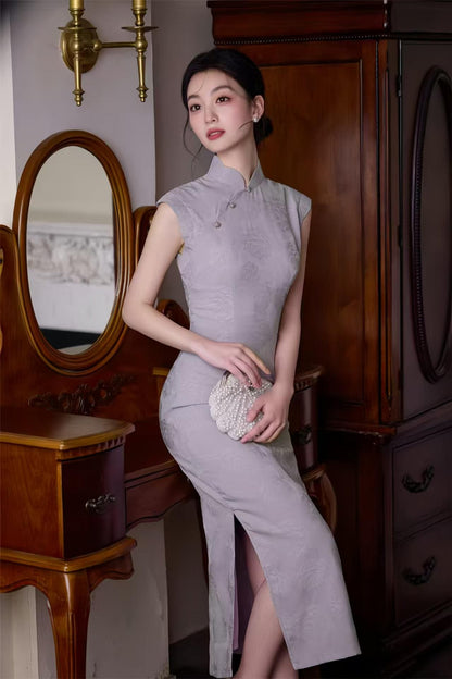 Women's Pink Jacquard Qipao Cheongsam Dress – Printed Sleeveless Long – additional product view