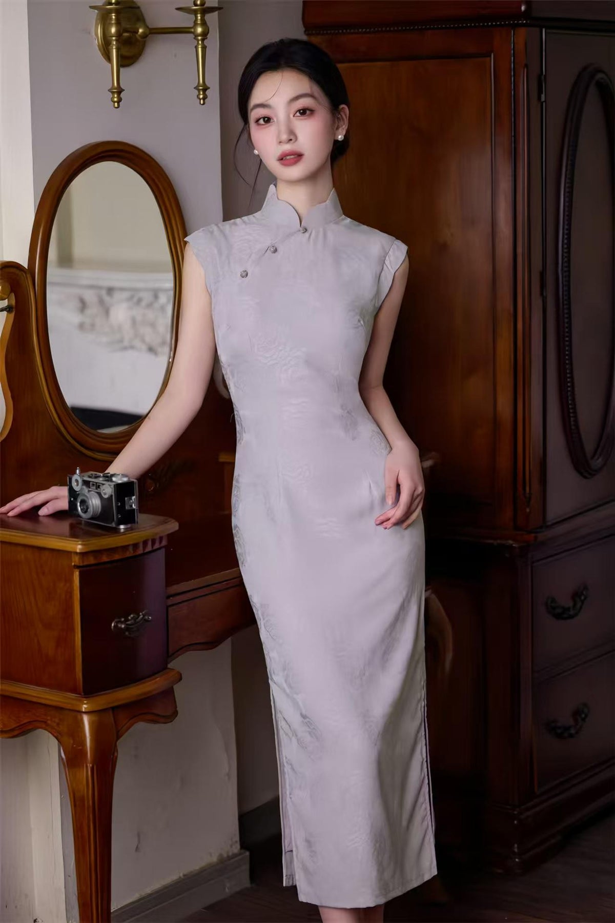 Women's Pink Jacquard Qipao Cheongsam Dress – Printed Sleeveless Long