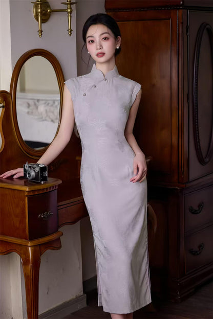 Women's Pink Jacquard Qipao Cheongsam Dress – Printed Sleeveless Long